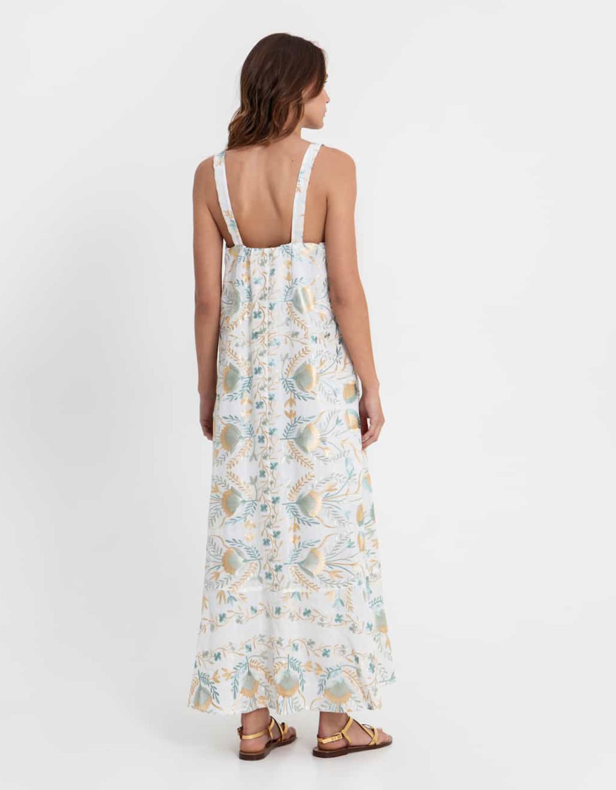 Greek Archaic Kori Blossom embroidered long dress white-multi green